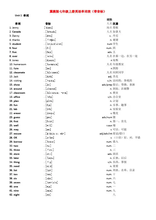 冀教版七年级上册英语单词表(带音标)