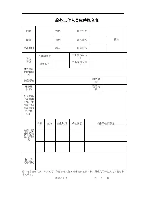 编外工作人员应聘报名表