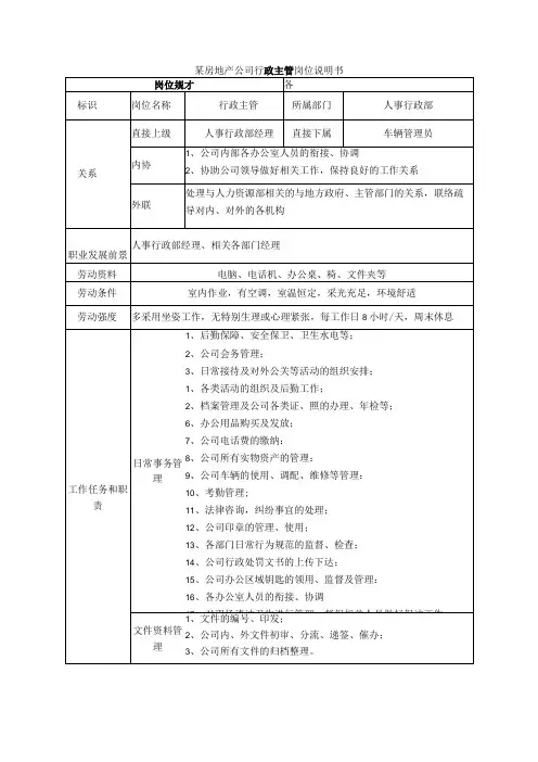 某房地产公司行政主管岗位说明书