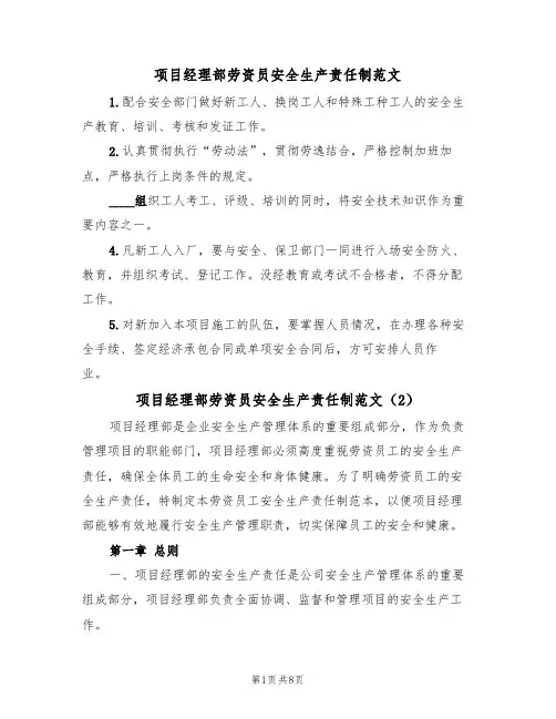 项目经理部劳资员安全生产责任制范文（3篇）