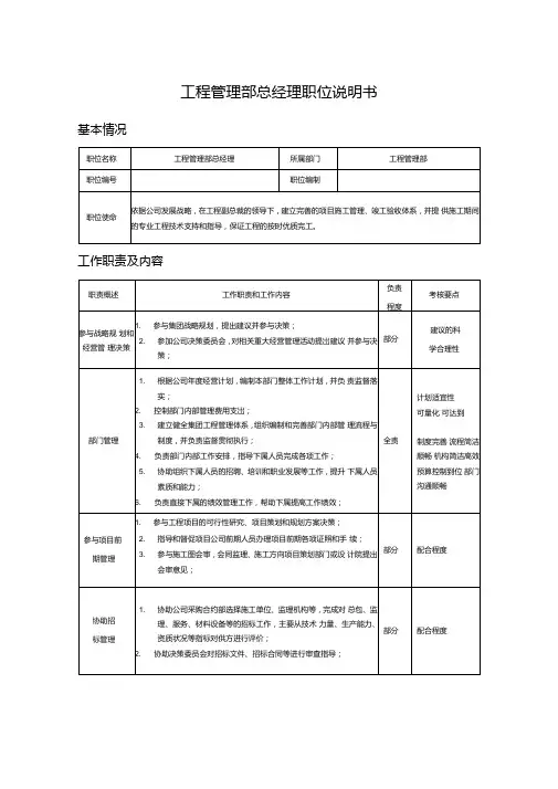 工程管理部总经理职位说明书