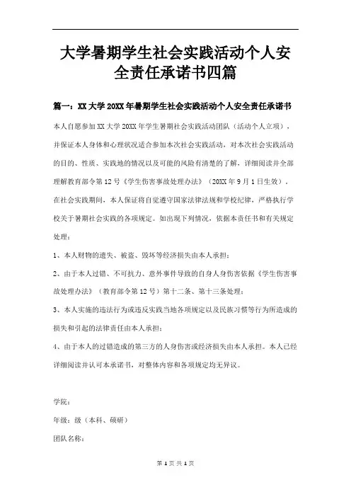 大学暑期学生社会实践活动个人安全责任承诺书四篇