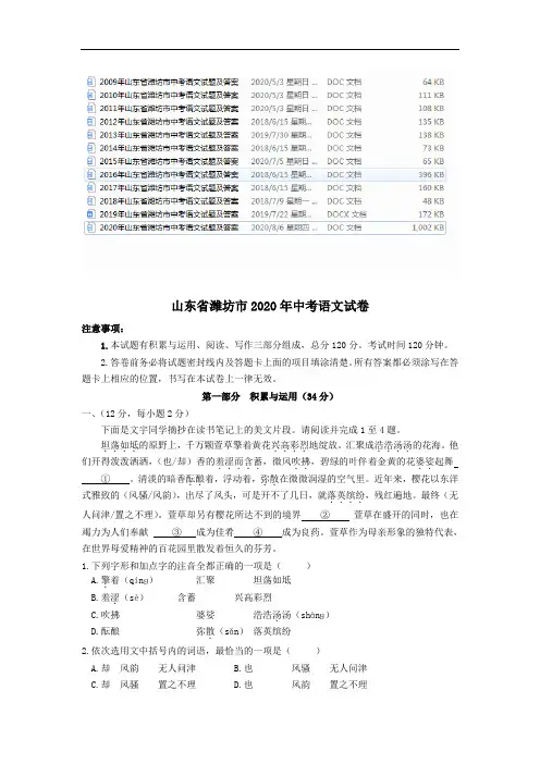 2008-2020年山东省潍坊市中考语文试题及答案