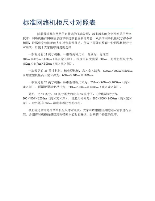 标准网络机柜尺寸对照表