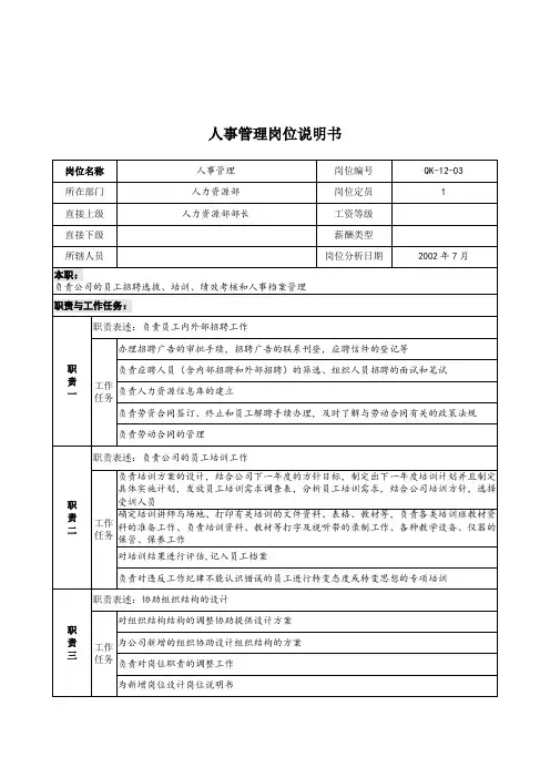 乾坤木业公司人力资源部人事管理岗位说明书.doc