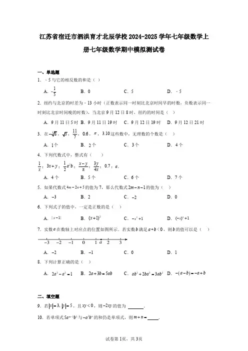 江苏省宿迁市泗洪育才北辰学校2024-2025学年七年级数学上册七年级数学期中模拟测试卷