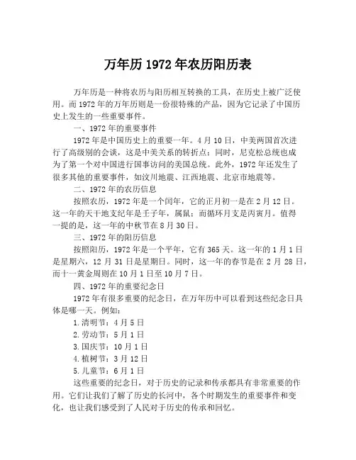 万年历1972年农历阳历表