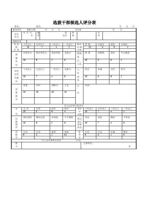 选拔干部候选人评分表一般大中小企业常用