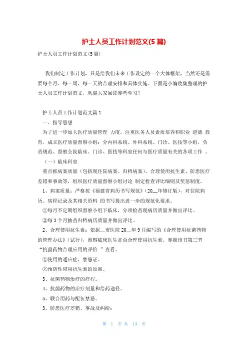 护士人员工作计划范文(5篇)
