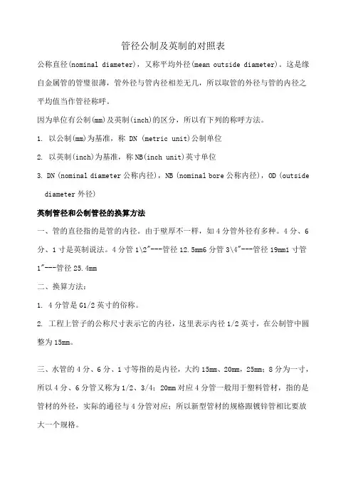 管径公制及英制的对照表