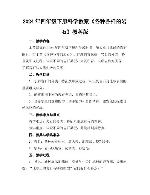 2024年四年级下册科学教案《各种各样的岩石》教科版