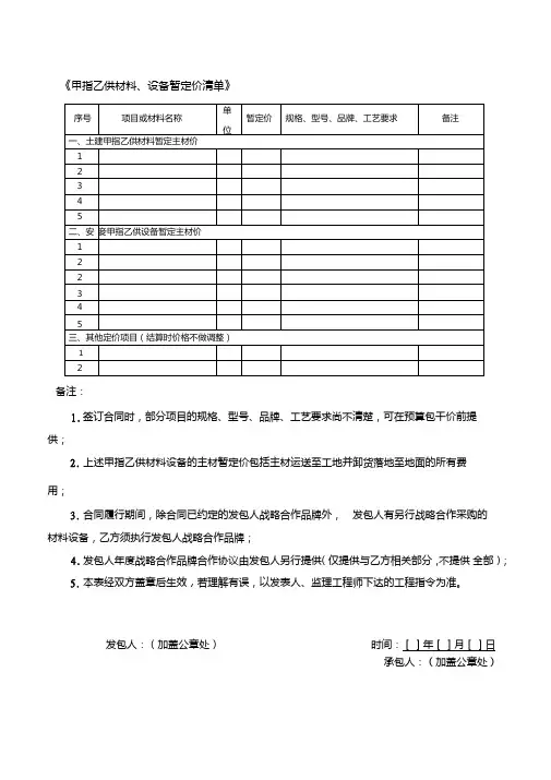 甲指乙供材料、设备暂定价清单
