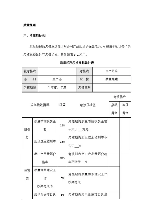 生产质量经理、主管、专员考核指标设计、绩效考核细则