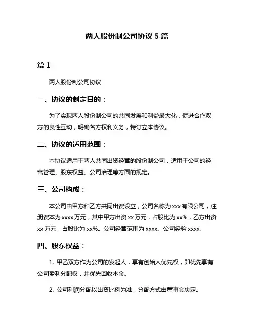 两人股份制公司协议5篇