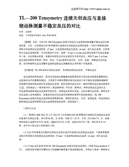 TL—200 Tensymetry连续无创血压与直接桡动脉测量不稳定血压的对比
