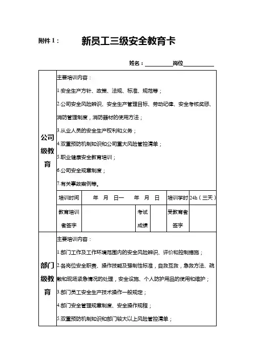 新员工丨转岗丨返岗三级安全教育卡