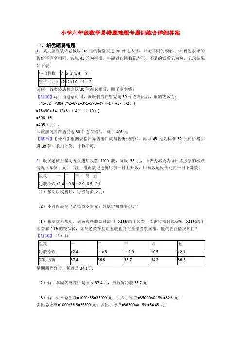 小学六年级数学易错题难题专题训练含详细答案