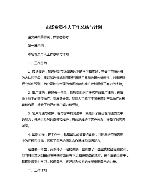 市场专员个人工作总结与计划