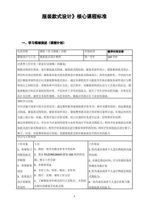 《服装款式设计》核心课程标准