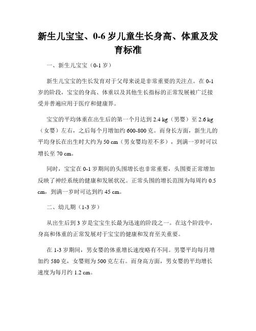 新生儿宝宝、0-6岁儿童生长身高、体重及发育标准