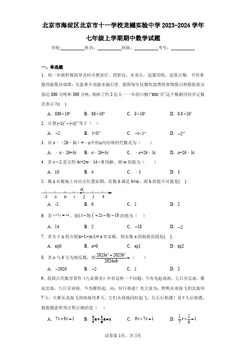 北京市海淀区北京市十一学校龙樾实验中学2023-2024学年七年级上学期期中数学试题