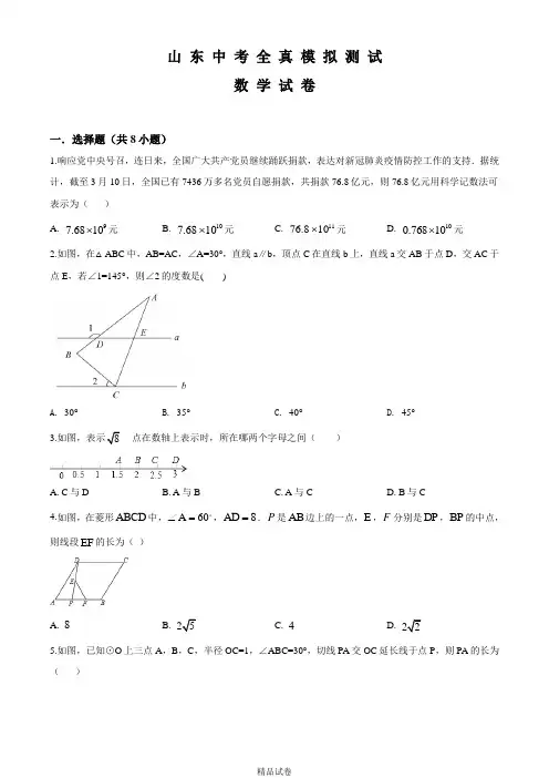 最新山东中考考前模拟测试《数学试题》含答案解析