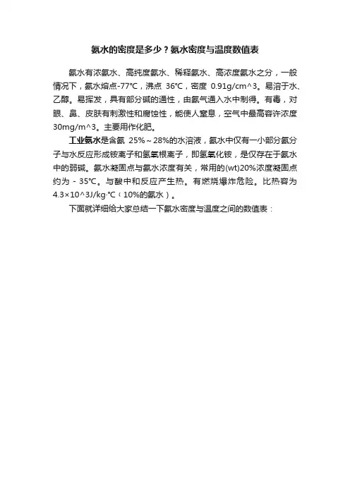 氨水的密度是多少？氨水密度与温度数值表