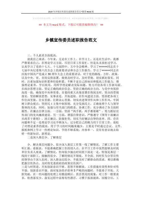 2019年乡镇宣传委员述职报告范文-推荐word版 (2页)