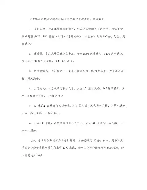国标学生体质测试评分标准