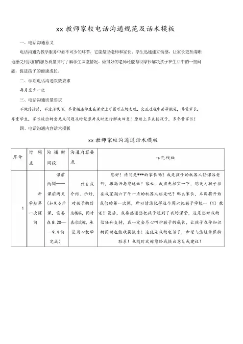 教师家校电话沟通规范及话术模板(表格)