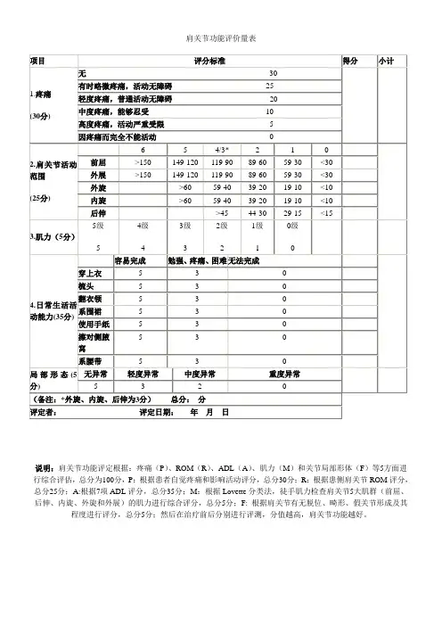 肩关节功能评价量表