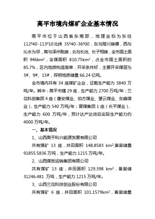 高平市境内煤矿企业基本情况