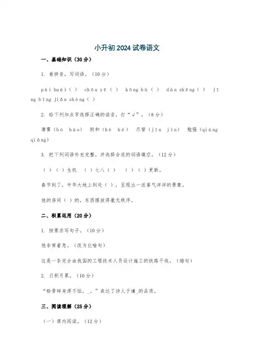 小升初2024试卷语文