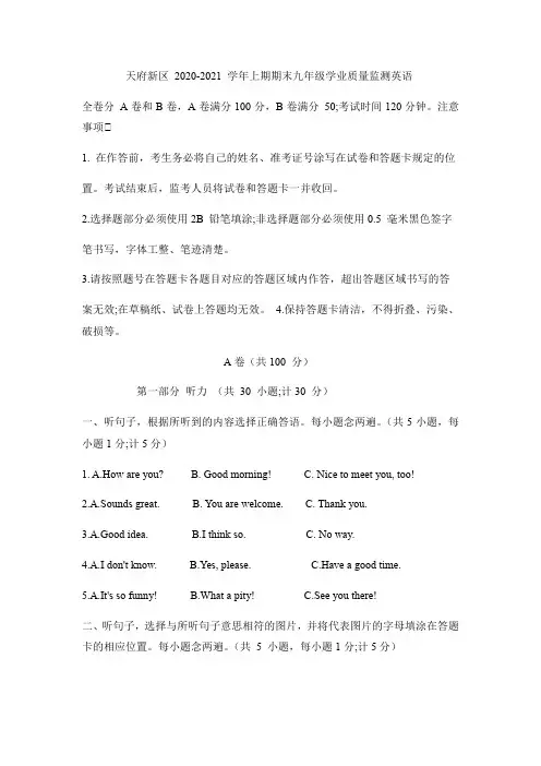 四川省成都天府新区 2020-2021学年九年级上期期末学业质量监测英语试卷