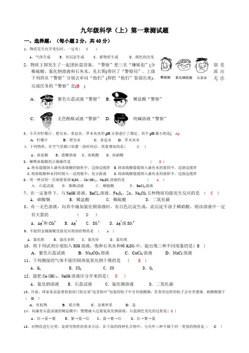 九年级上册科学第一章测试题及答案