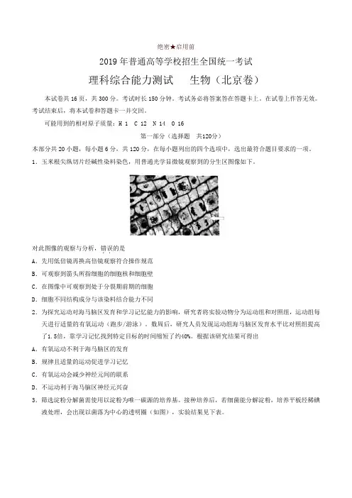 2019年北京卷理科综合生物高考试题文档版(含答案)