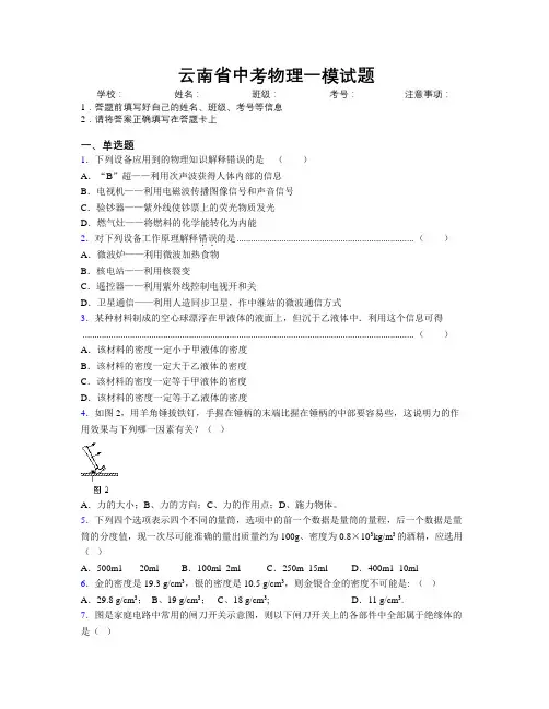 云南省中考物理一模试题附解析