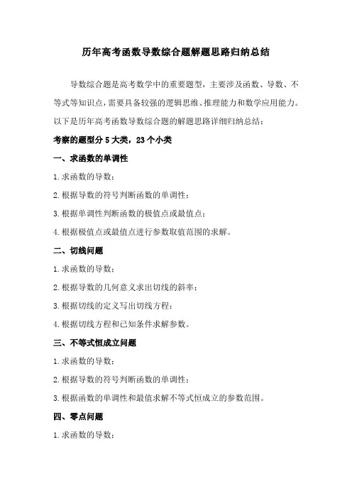 历年高考函数导数综合题解题思路归纳总结