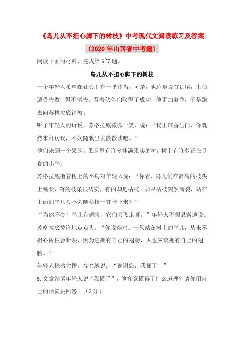 《鸟儿从不担心脚下的树枝》中考现代文阅读练习及答案(2020年山西省中考题)