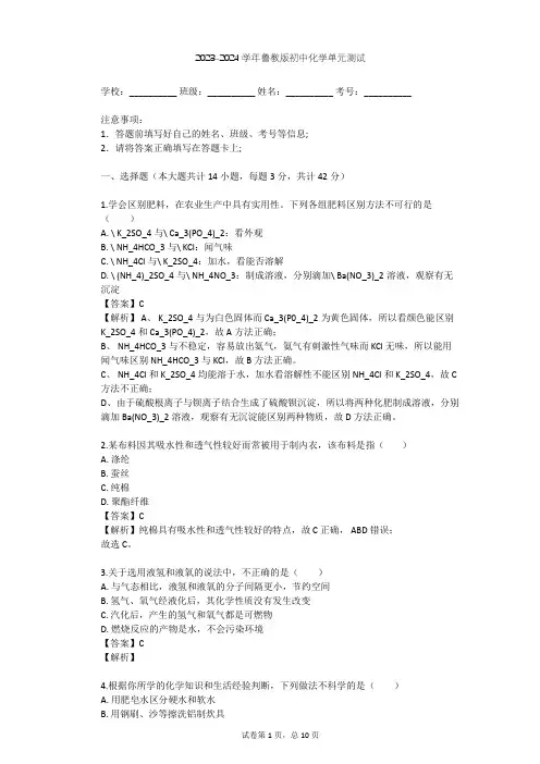 2023-2024学年初中化学鲁教版九年级下第9单元 化学与社会发展单元测试(含答案解析)