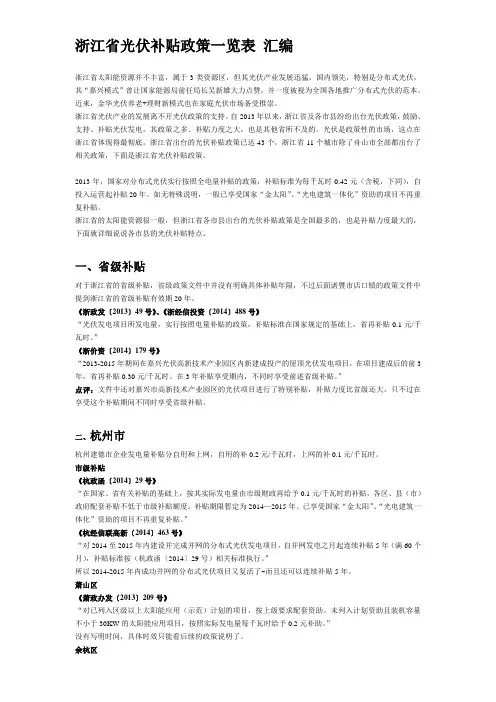 浙江省光伏补贴政策一览表 政策汇编