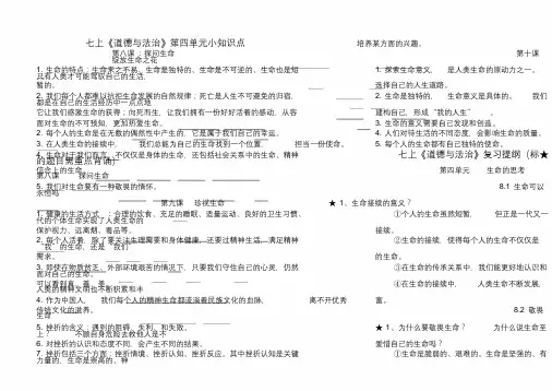 人教版本《道德及法治》初中七年级的上册的第四单元复习生命的思考学习知识点学习.doc