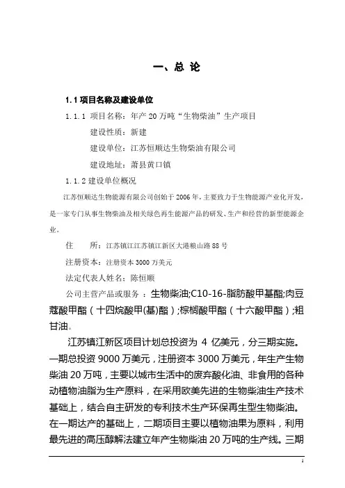 恒顺达20万吨生物柴油生产项目可行性研究报告.doc