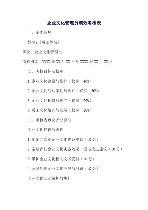 企业文化管理员绩效考核表