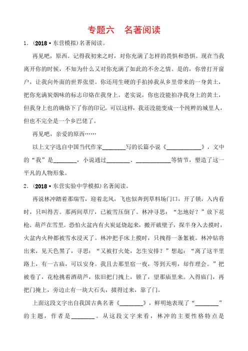 2019年山东省东营市中考语文专题训练：专题六 名著阅读