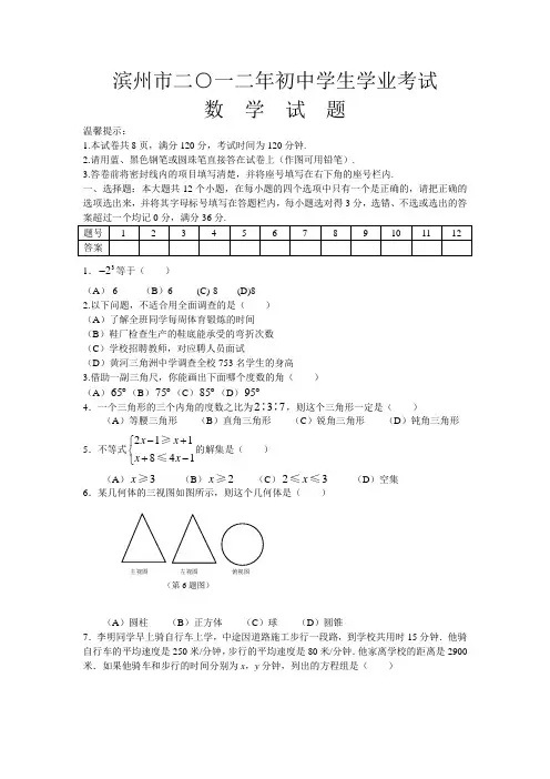 2012年山东省滨州市中考真题(word版含答案)