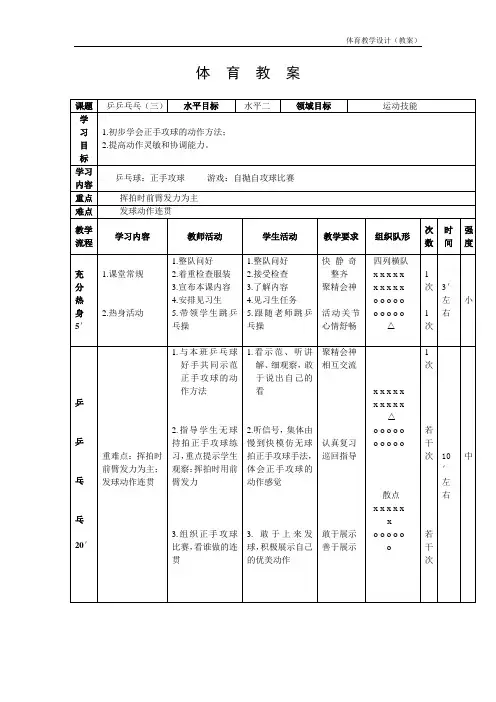 水平二《乒乓球：正手攻球》教案