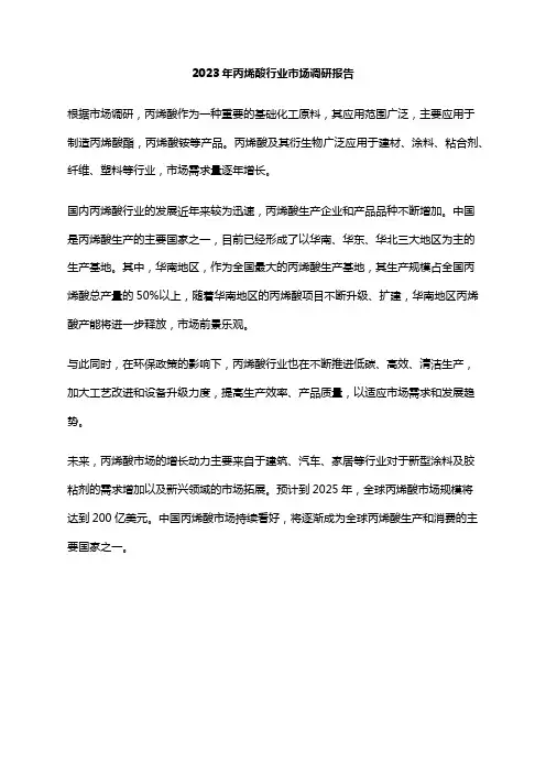 2023年丙烯酸行业市场调研报告