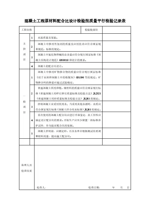 混凝土工程原材料配合比设计检验批质量平行检验记录表模板