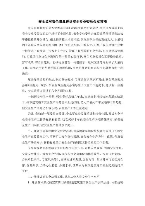 安全员对安全隐患讲话 安全专业委员会发言稿 精品